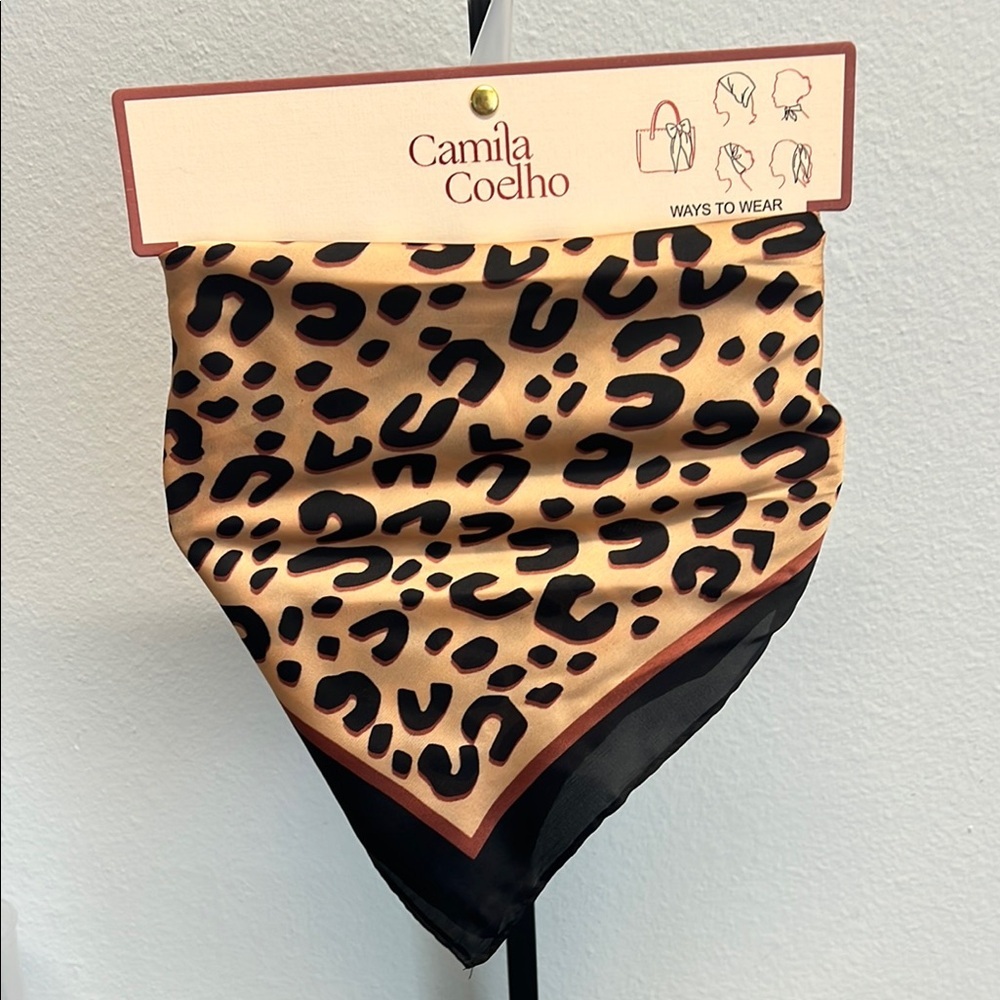 Camila Coelho Leopard Print Silk Scarf in Tan, Black and Brown